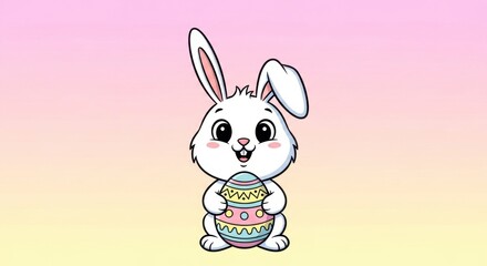 Fototapeta premium Easter Bunny's Egg Delight: An adorable Easter bunny clutches a beautifully decorated egg, symbolizing the joy and renewal of the holiday. A vibrant and festive scene.