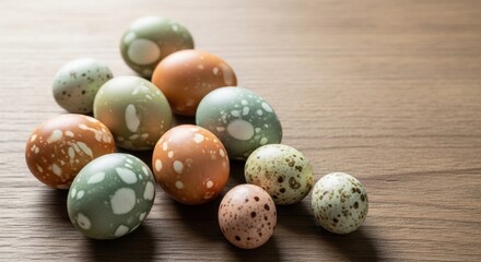 Obraz premium Easter Egg Display: A vibrant collection of uniquely speckled Easter eggs rest delicately on a smooth, wooden surface, showcasing the beauty and anticipation of the holiday.