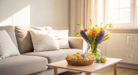 Cozy Easter: Bright and inviting shot of a home living room decorated with colorful flowers and Easter eggs. The room has a sofa and table bathed in sunlight, evoking a feeling of spring and warmth.