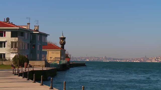 Waterfront Mansions and Wooden Minaret on Bosphorus