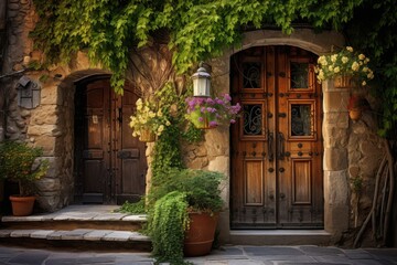 Fototapeta premium Rustic wooden door on old stone wall surrounded by lush ivy and vibrant flowers creates a cozy atmosphere for any outdoor setting