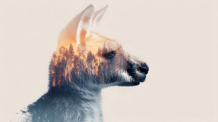 Fototapeta premium A double exposure image blending a llama's profile with a forest scene at sunset, combining nature and wildlife in an artistic composition.
