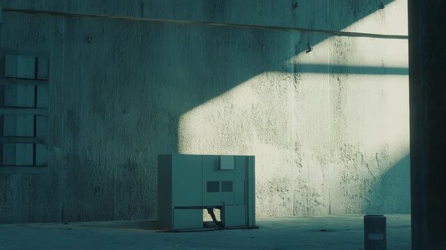 Minimalist interior of an abandoned building featuring rough concrete walls, structural pillars, and a cubical structure, with harsh sunlight creating strong shadows and highlighting textures