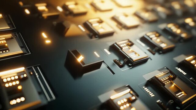 Computer chips and microprocessors on a circuit board illuminating with golden light, representing innovation, data processing, and artificial intelligence in modern computing
