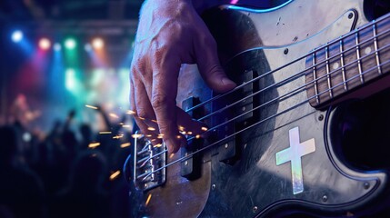 Naklejka premium Man playing bass guitar with a cross on stage during a concert. Modern religion and faith in contemporary worship music.