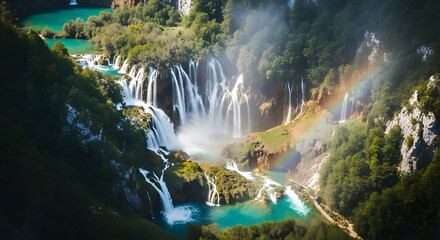 Fototapeta premium World environment day celebration with breathtaking waterfall and rainbow