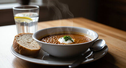 Warm bowl of hearty soup served with bread on a wooden table in cozy setting.