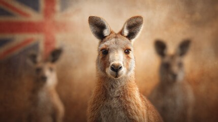 Fototapeta premium A close-up of a kangaroo with two blurred kangaroos and a faded Australian flag in the background.