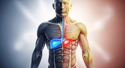Detailed depiction of human muscular torso anatomy with a highlighted liver and dual artistic styles