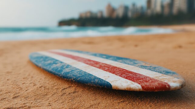 A surfboard with red, white, and blue stripes lies on sandy beach with blurred city skyline in the background and ocean waves nearby.