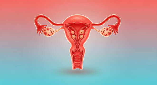 Detailed female reproductive system illustration displaying uterus, ovaries, and fallopian tubes