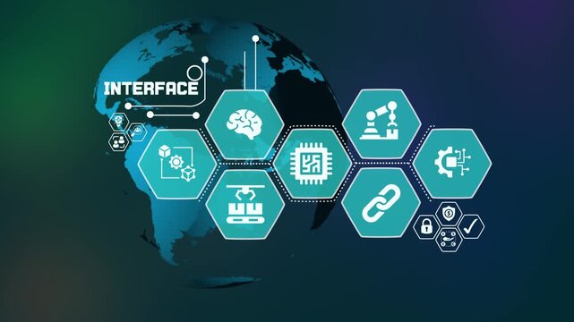 Digital interface technology concept with smart analytics dashboard and global network connectivity.