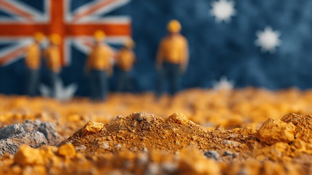 Close-up of rugged terrain with blurred figures and an Australian flag in the background, symbolizing mining or exploration in Australia.