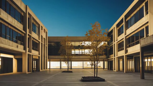 Modern concrete buildings framing an empty minimalist courtyard with two small trees, reflecting contemporary architecture, urban design, and open public space