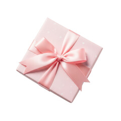 Pretty in pink gift box tied with a delicate satin ribbon bow, adorned with subtle white polka dots, ideal for baby showers, weddings, or feminine presents.