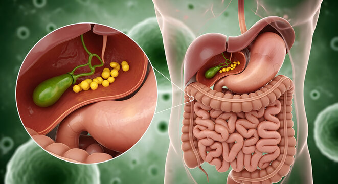 Detailed human digestive system anatomy showing the gallbladder with painful gallstones in the magnified view