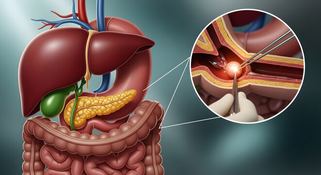 Detailed human digestive system illustration featuring liver, stomach, intestines, and gallstone removal surgery