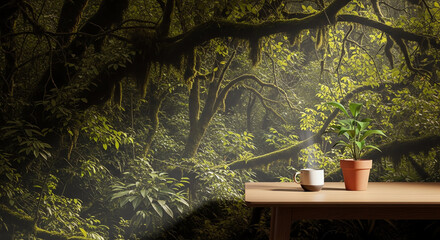 Obraz premium Serene forest scene with sunlight filtering through lush green trees and a peaceful outdoor workspace with potted plants and wooden table.