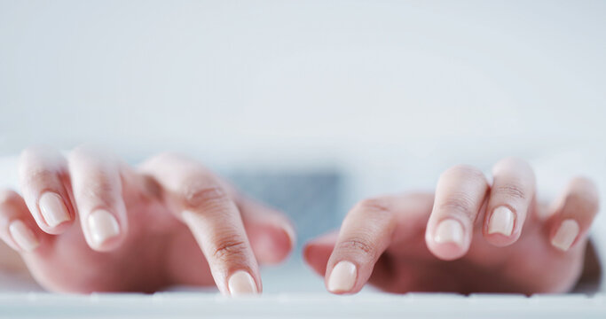 Science, typing or hands in lab with computer, study recording or digital research for experiment. Space, female person or scientist with tech, medical report or data processing in clinical trial.