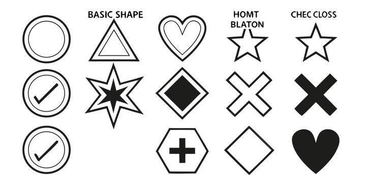 A collection of various shapes and symbols with check marks and crosses. Vector