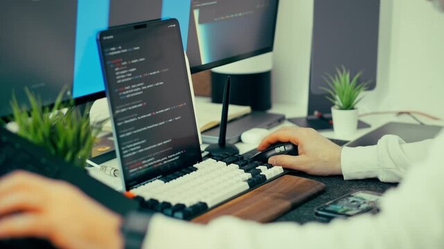 workspace multiple screens tablet computer coding setup. Programmer hands operate keyboard mouse, tablet display source code, desktop monitor interface, modern hardware devices, digital engineering