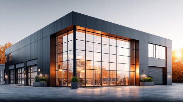Modern industrial building with large glass windows at sunset.