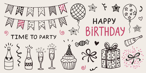 Hand drawn birthday illustration with balloons cake and party decorations © ShibuProsad