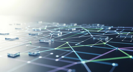 Obraz premium Futuristic Digital Network with Connected Nodes and Data Flow Visualization.