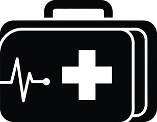 Obraz premium Black and white first aid kit icon with cross and heartbeat line