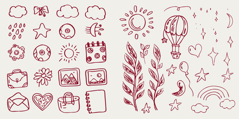 Hand drawn doodle set featuring celestial nature and decorative elements