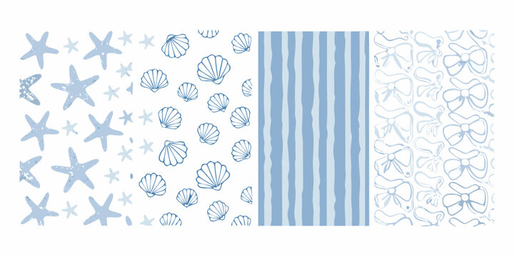 Coastal themed pattern swatches featuring shells stars stripes and bows