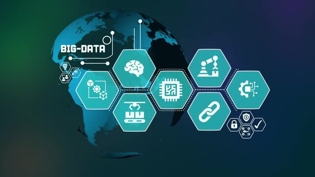 Big data technology concept with global analytics dashboard and connected digital network icons.