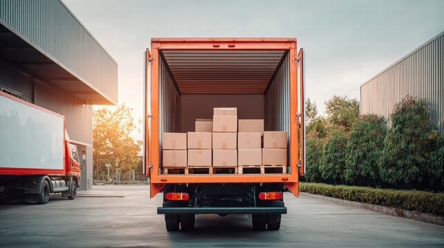 Open truck loaded with boxes ready for delivery at a warehouse.