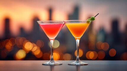 Two colorful cocktails with a city skyline backdrop at sunset