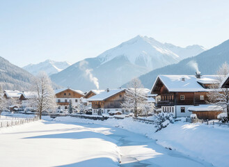 snowy village in the mountains with a frozen river running through it