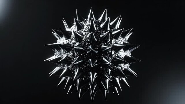 A dark, abstract close-up of a ferromagnetic fluid forming a spiky sphere due to magnetic force. Studio lighting highlights its metallic sheen.