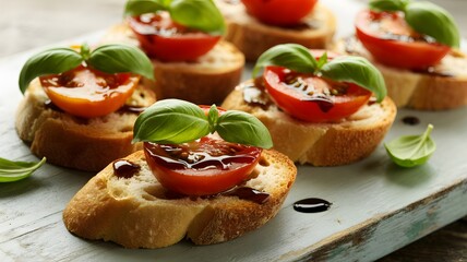 Freshly prepared gourmet bruschetta appetizers featuring ripe cherry tomatoes, fragrant basil leaves, and a drizzle of rich balsamic glaze on toasted baguette slices, elegantly presented for a sophist