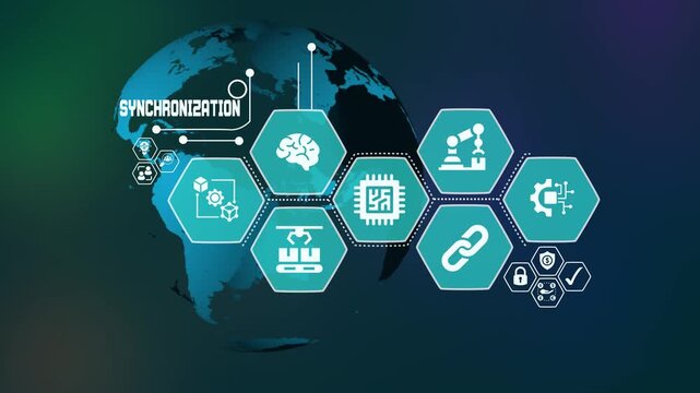 Data synchronization concept with connected digital systems and global technology network interface.