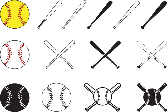 Baseball Bat and Ball Icons in Outline and Silhouette Style Vector