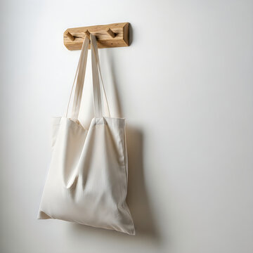 A beige tote bag hanging on a wooden hanger against a white wall