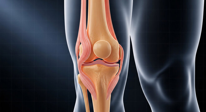 Detailed human knee joint anatomy showing bones ligaments and cartilage within a transparent leg overlay