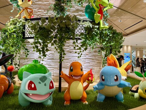 Tokyo, Japan - January 15, 2026: Bulbasaur, Charmander and Squirtle pokemon character figures displayed at Pokemon Center inside Sunshine City shopping mall in Ikebukuro