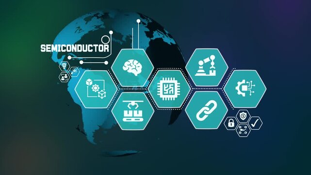 Semiconductor industry concept with processor chip icon and global digital technology network background.