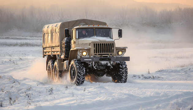 Military truck crosses a snowy field