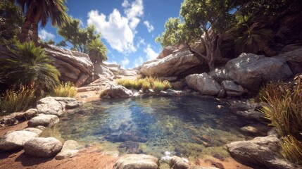 Serene Natural Oasis Surrounded by Lush Greenery and Clear Blue Water Under Bright Sunny Sky