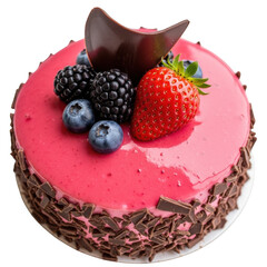 Delicious berry mousse cake with chocolate decoration, perfect for celebrations and special occasions, isolated on white background.