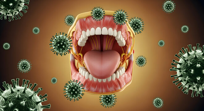 Detailed human mouth anatomy showing teeth and tongue surrounded by numerous floating virus particles