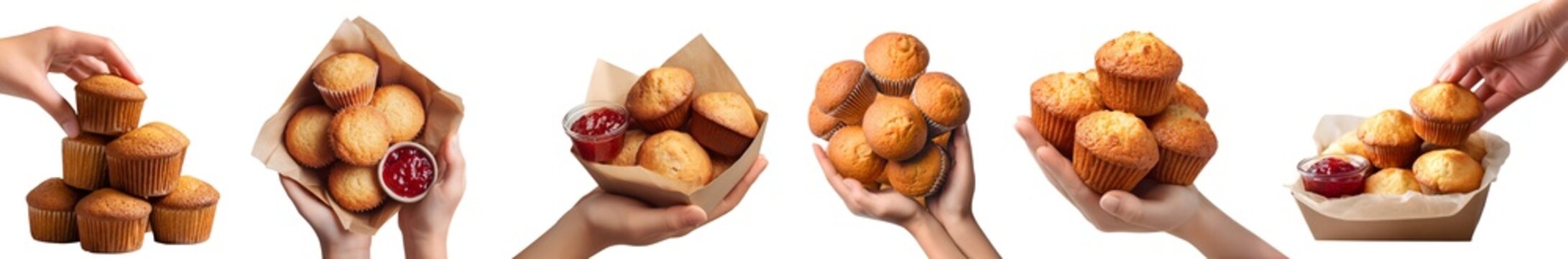 Set of hand holding pile group stack of classic plain muffin, basic quick bread, cake in a cup-shaped container, takeout kraft brown box with jam spread dip, transparent cutout PNG. Mockup design