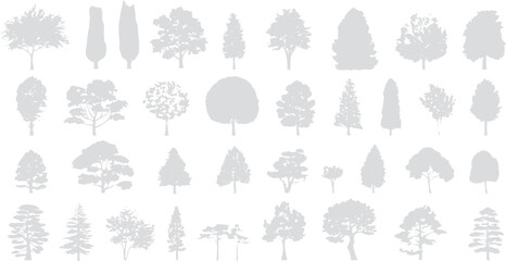 Collection of grey tree silhouettes on white background © miht3325