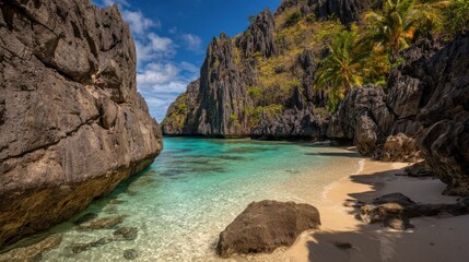 Obraz premium Serene Secluded Tropical Cove with Crystal Clear Water and Rocky Cliffs Against a Bright Blue Sky